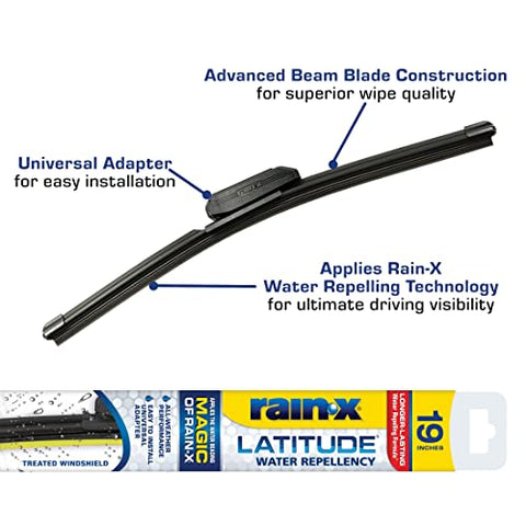 Rain-X 5079276-2 Latitude 2-In-1 Water Repellent Wiper Blades, 19 Inch Windshield Wipers (Pack Of 1), Automotive Replacement Windshield Wiper Blades With Patented Rain-X Water Repellency Formula