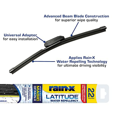 Rain-X 5079279-2 Latitude 2-In-1 Water Repellent Wiper Blades, 22 Inch Windshield Wipers (Pack Of 1), Automotive Replacement Windshield Wiper Blades With Patented Rain-X Water Repellency Formula