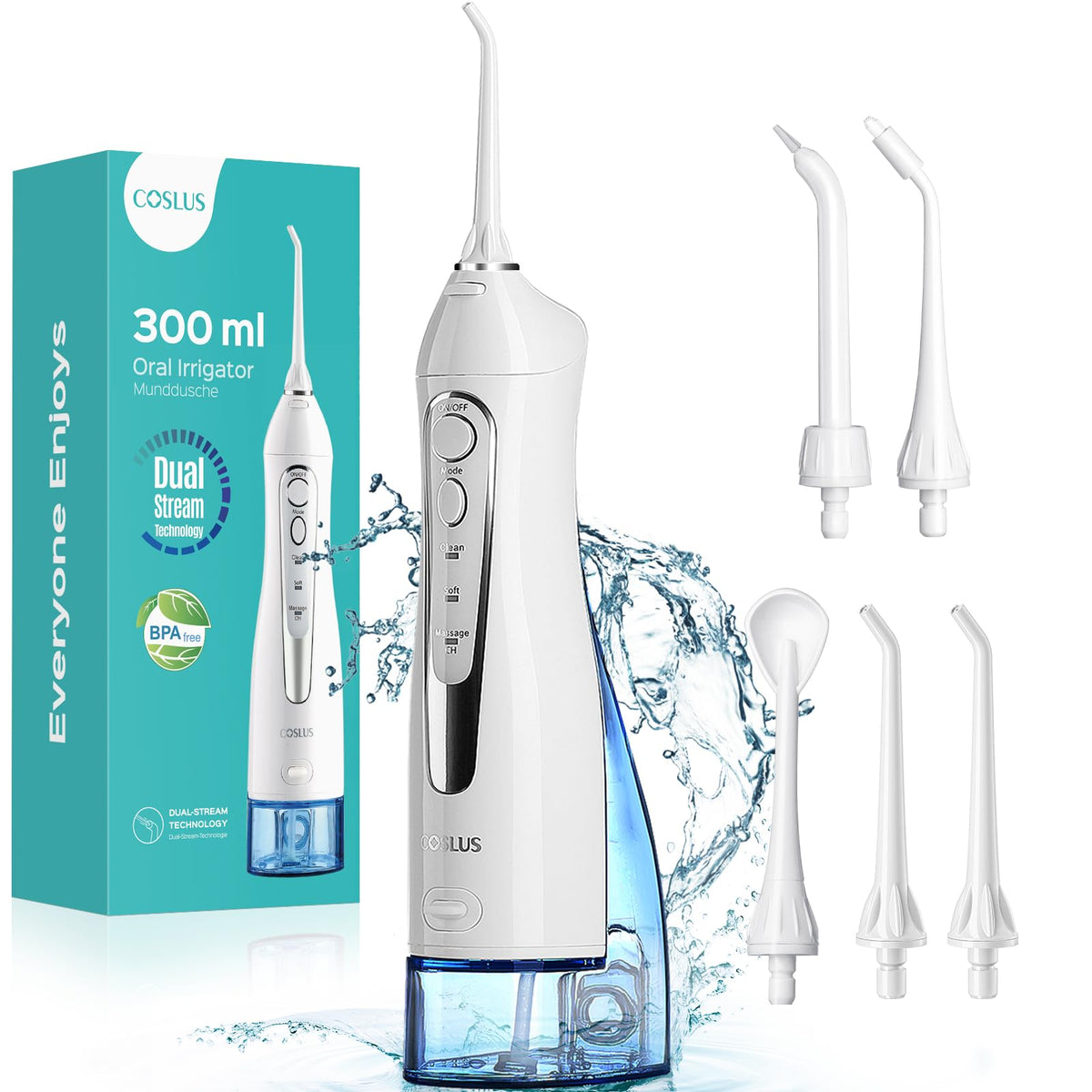 COSLUS Water Dental Flosser Teeth Pick: Portable Cordless Oral Irrigator 300ML Rechargeable Travel Irrigation Cleaner IPX7 Waterproof Electric Flossing Machine for Teeth Cleaning C20(F5020E) White