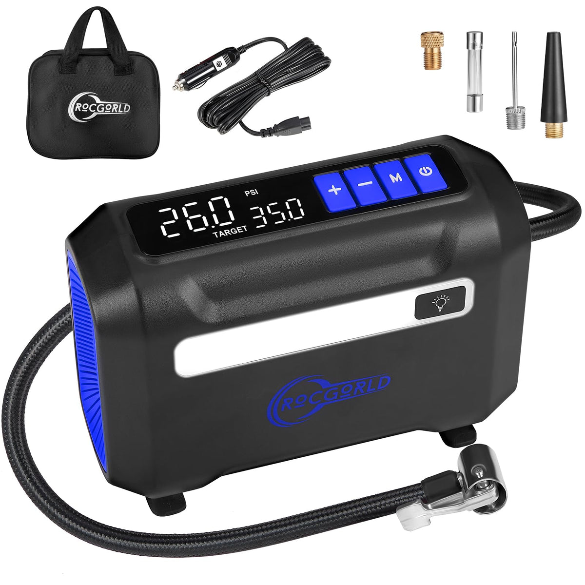 ROCGORLD R8 Tire Inflator Portable Air Compressor, DC 12V Air Compressor Portable with Large Dual Digital Screen, 3X Faster Inflation Air Pump for Car, Bike, Ball, Motor (Blue)