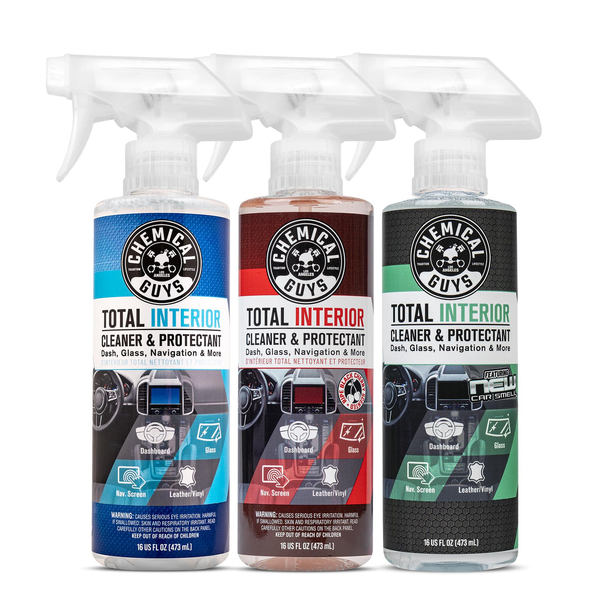 Chemical Guys Total Interior Sprayable Cleaner and Protectant Multi-Scent 3 Pack (Fresh, Black Cherry & New Car), Safe for Cars, Trucks, SUVs, Jeeps, Motorcycles, RVs & More, (3) 16 fl oz Bottles