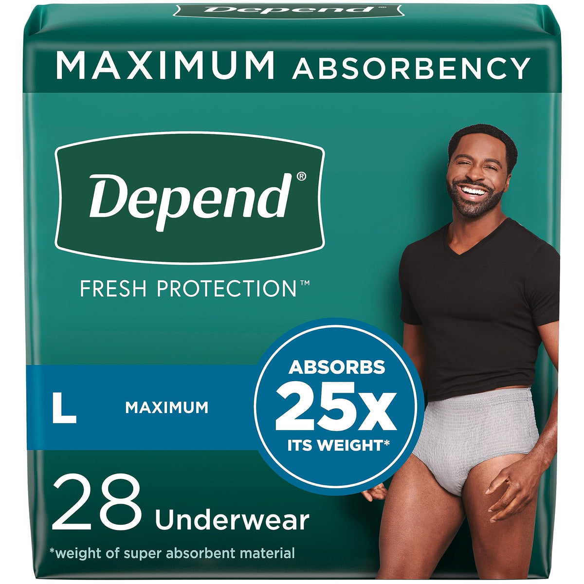 Depend Fresh Protection Adult Incontinence Underwear for Men, Disposable, Maximum, Large, Grey, 28 Count, Packaging May Vary