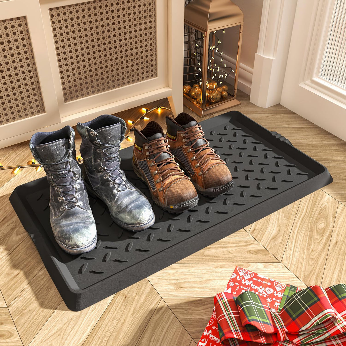 SUPENUIN Boot-Tray Heavy Duty Rubber Mat with Lip Waterproof Shoe Mat Tray for Entryway Indoor Outdoor Multi Use Catch All Trays Entryway Mat Shoe Cleaning Mat Entryway Shoe Storage 16x27.5 Inches