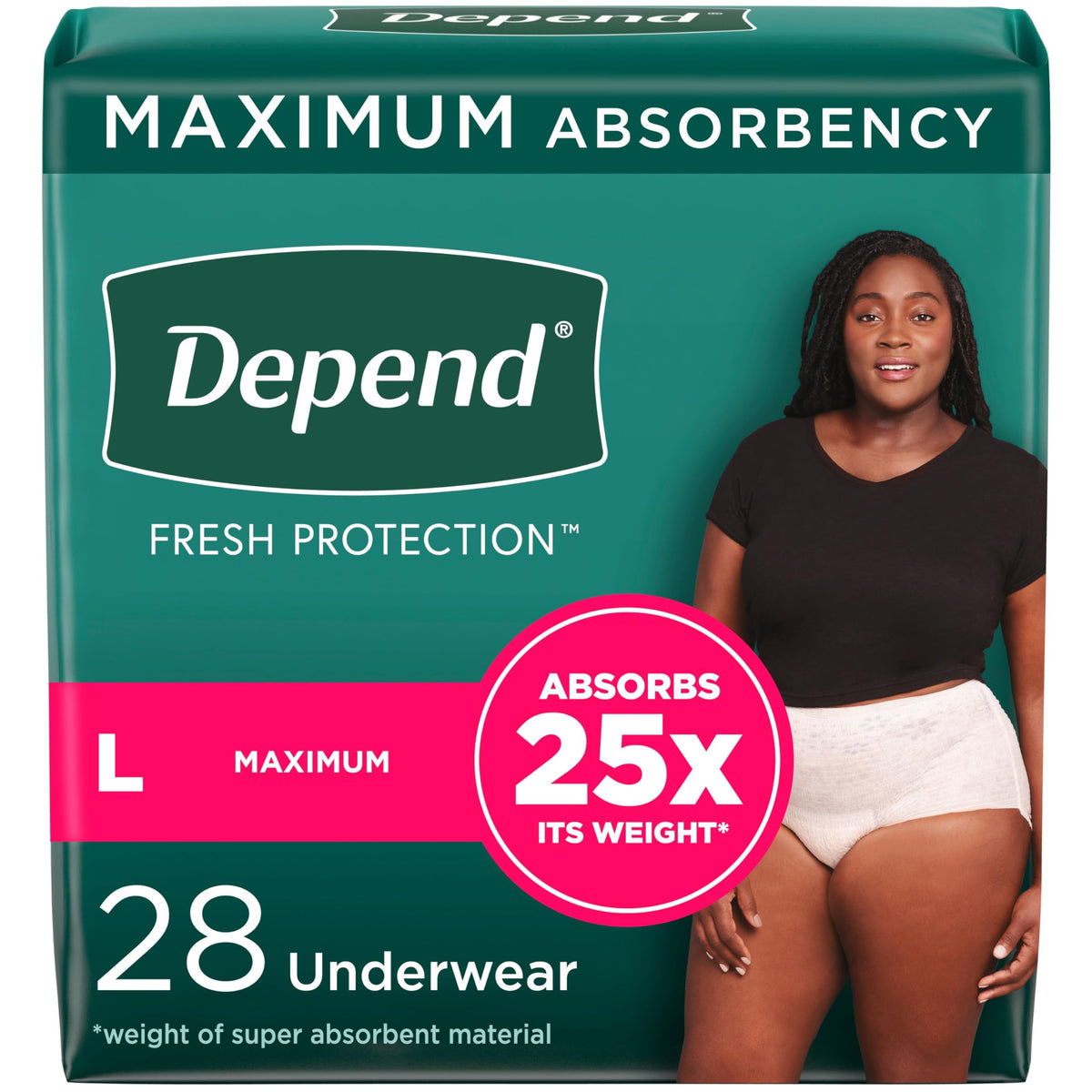 Depend Fresh Protection Adult Incontinence & Postpartum Bladder Leak Underwear for Women, Disposable, Maximum, Large, Blush, 28 Count, Packaging May Vary