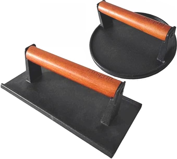 Firsgrill Cast Iron Grill Presses with Wood Handle (Round & Rectangle w Flat Bottom) Lawn & Patio by Firsgrill
