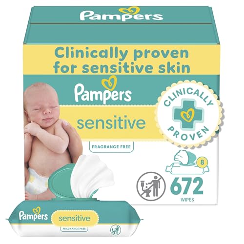 Pampers Baby Wipes Sensitive, Water Based Baby Wipes, Hypoallergenic and Unscented Baby Wipes, 672 Wipes Total (8 Flip-Top