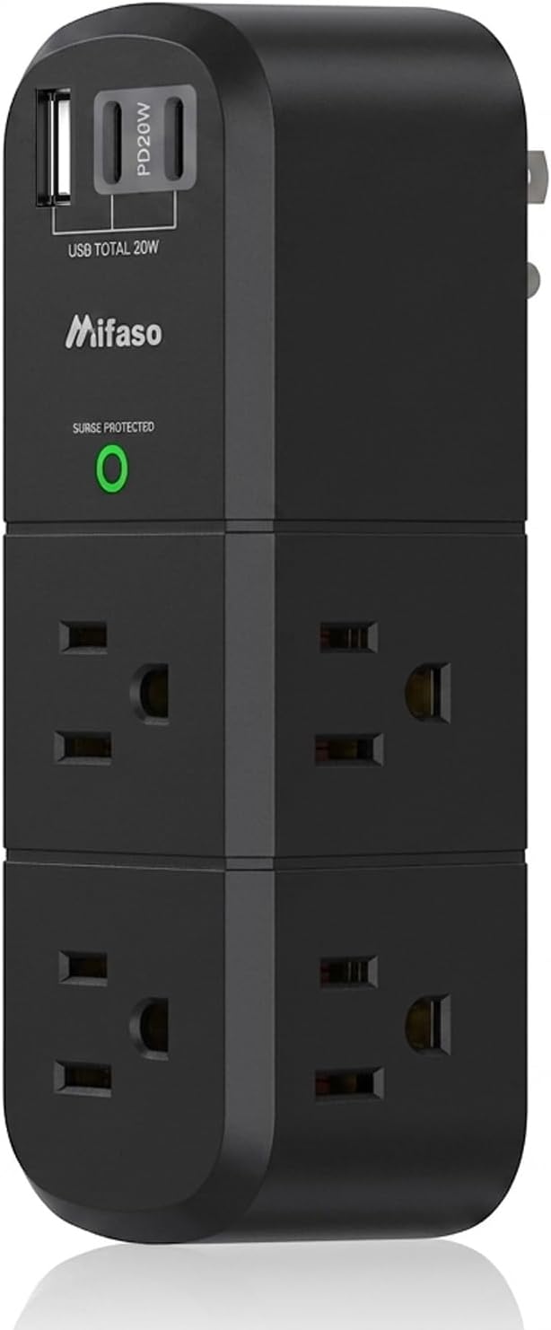 PD20W USB Outlet Extender with Rotating Plug, 6 AC Multi Plug Wall Outlets