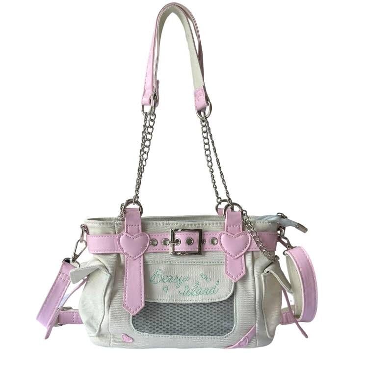 RILGOU Y2K Harajuku Kawaii Goth Casual Style Denim Cute Heart and Pink Belt Decor Adjustable Cross-body Shoulder Bag Shoes