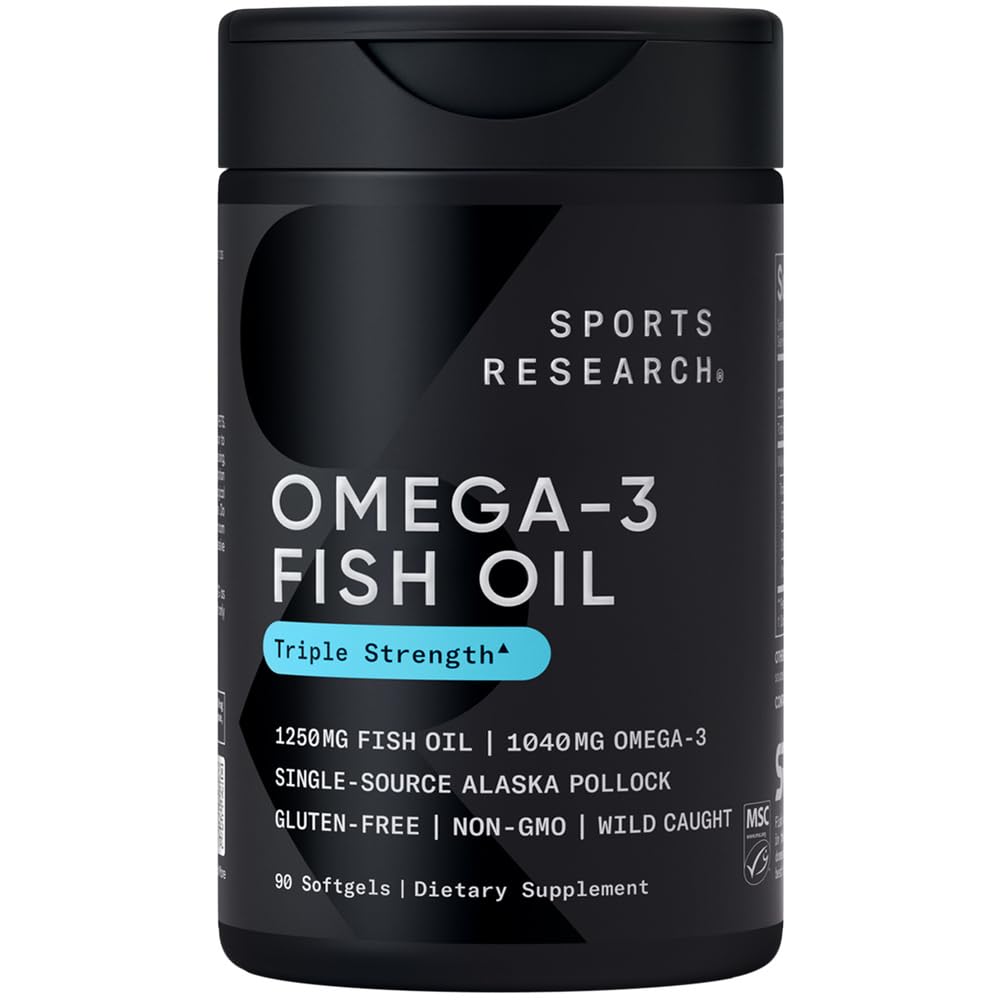 Sports Research Triple Strength Omega 3 Fish Oil - Burpless Fish Oil Supplement w/EPA & DHA Fatty Acids from Single-Source Wild Alaska Pollock - 1250 mg, 90 ct - PCTechSupply.com