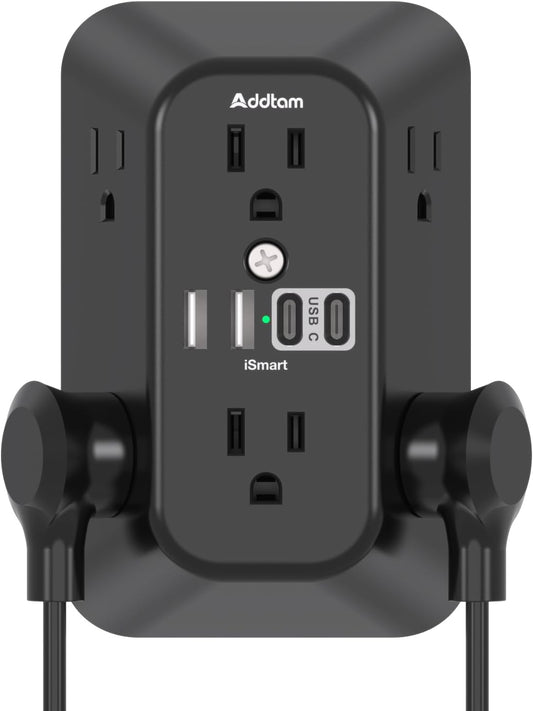 Addtam 6-Outlet Extender Surge Protector, Multi Plug Wall Outlet with 4 USB Wall Charger(2 USB C Ports), Plug Extension Outlet with 1800J, Outlet Splitter Power Strip for Home Office, Black