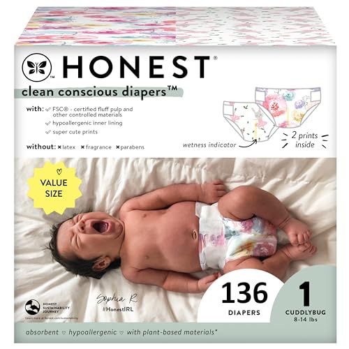 The Honest Company Clean Conscious Diapers | Plant-Based, Sustainable | Rose Blossom + Tutu Cute | Super Club Box, Size 1