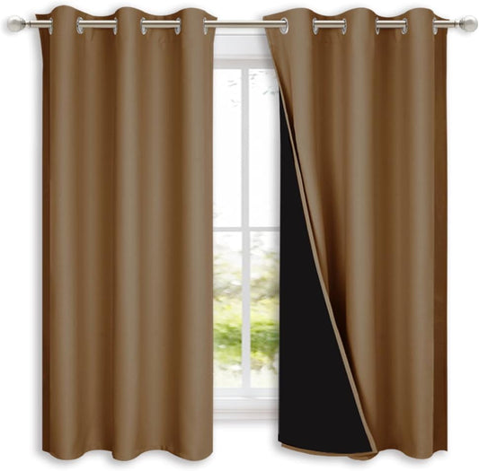 NICETOWN 100% Blackout Short Curtains with Black Liners, 2 Panels, 37" W by 40" L, Gold Brown, Solid Thermal Insulated Full Blackout 2-Layer Lined Drapes, Energy Efficiency Window Drapes for Bedroom