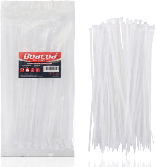 White Zip Ties Heavy Duty 12 inch,100 Pack,50LB, Cable Ties, Clear Zipties