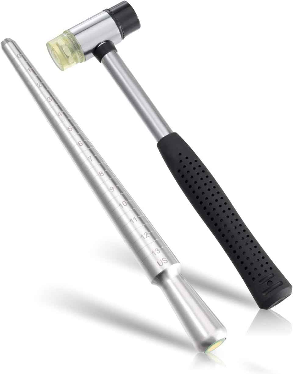 Meowoo Ring Sizer, Can be Hammered Solid Ring Mandrel and Jewelry Rubber Mallet, Ntegrated Conical Solid Ring Mandrel Sizer Tools for Ring Repair and Measurement, Jewelry Sizing Measuring