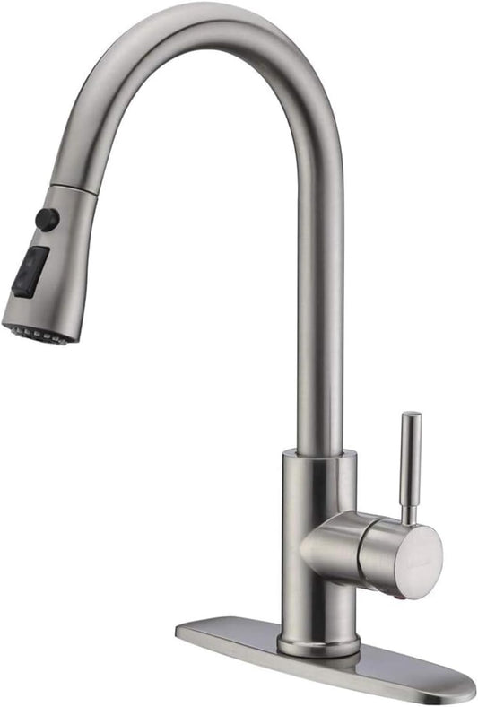 WEWE High-Arc Pull-Down Kitchen Faucet, Brushed Nickel, 3-Mode Sprayer