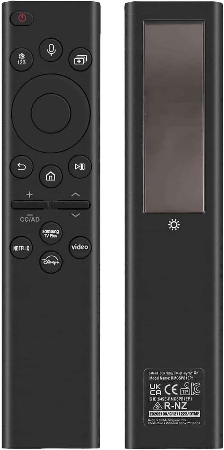 Rechargeable TV Remote for Samsung Smart TVs, Replacement for All 2019-2026 Samsung TV Remote Control with Voice Control. USB-C Fast Charging. Solar Charging. 2-Year Warranty.