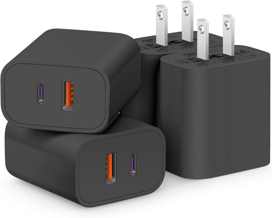 [4 Pack] USB C Charger Block Fast Charging Multiport Adpater [PD 20W USB-C & QC 3.0 USB-A Port] for iPhone 17/16/15/14/13/12/11/X/9, iPad, Galaxy, Google & More [Black]