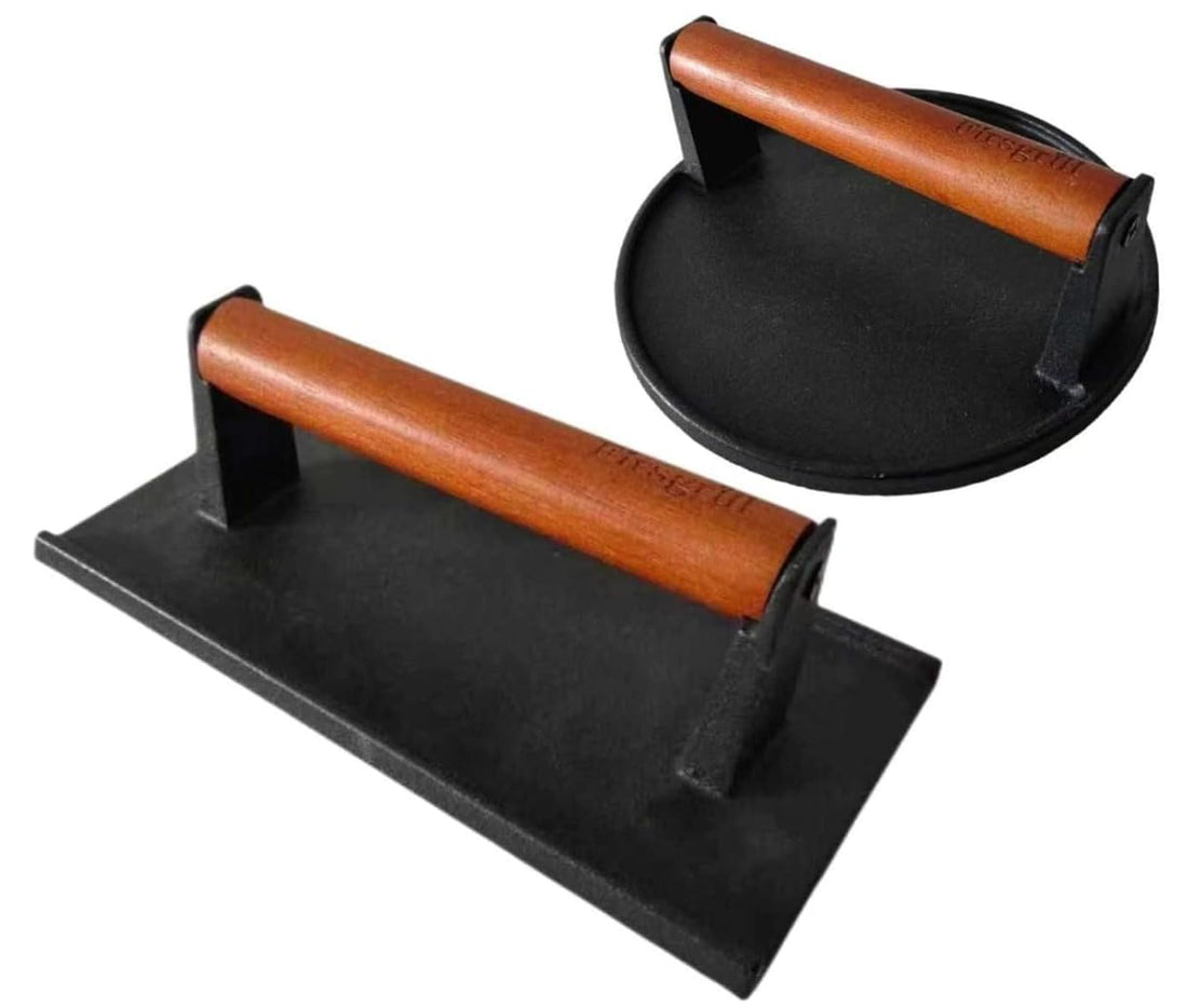 Firsgrill Burger Press 7.08" Round & 8.3”X4.3”Rectangle Heavy-Duty Cast Iron Smash Meat Steak With Wood Handle for