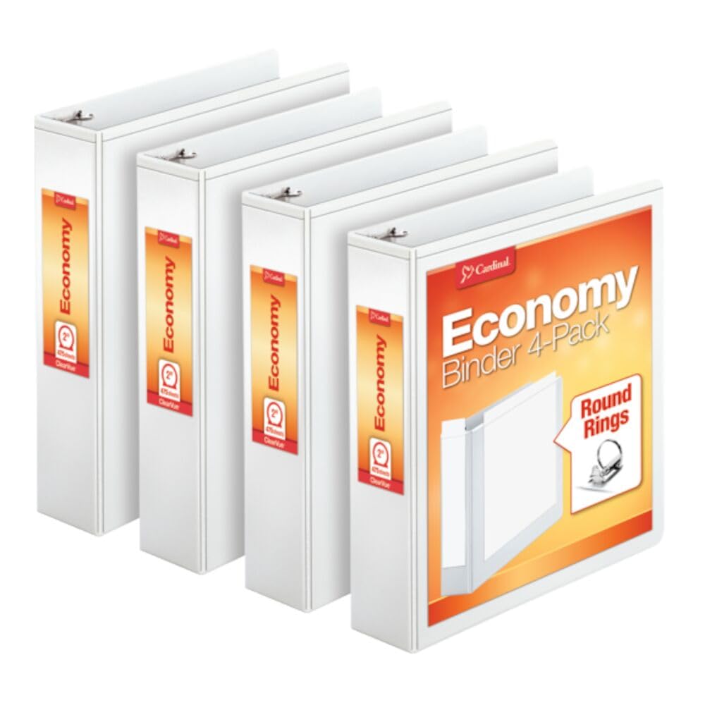 Cardinal Economy 3 Ring Binder, 2 Inch, Presentation View, White, Holds 475 Sheets, Nonstick, PVC Free, 4 Pack of Binders (79520) - PCTechSupply.com