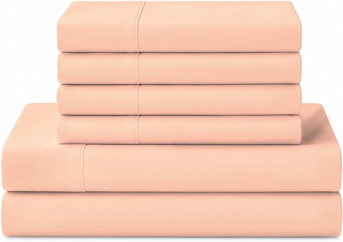 Linen Home 100% Cotton Percale Sheets California King Size, Tropical Peach, Deep Pocket, 6 Pieces Set- 1 Flat, 1 Fitted and 4 Pillowcases, Crisp Cool and Long Staple Strong Bed Linen