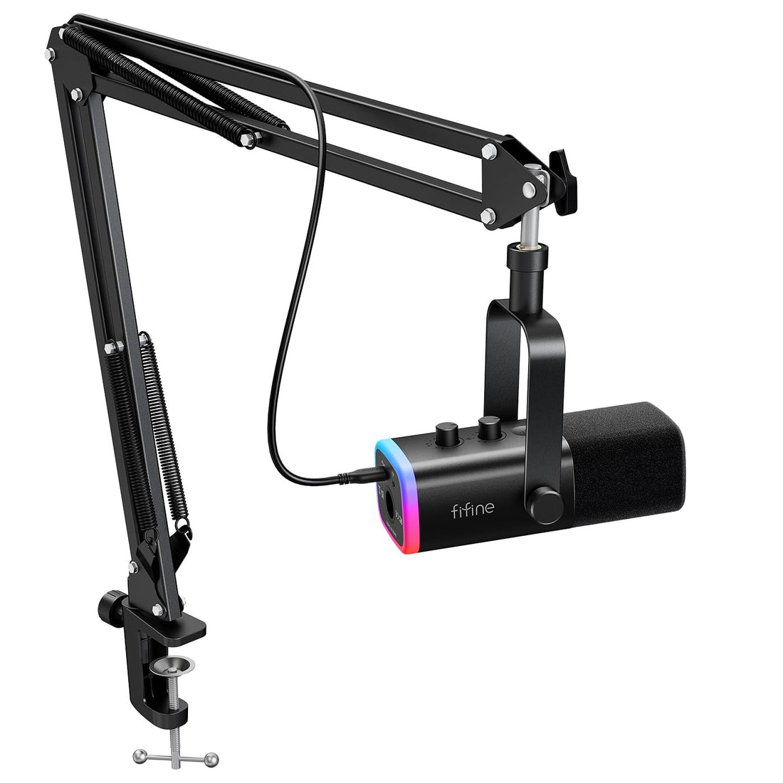 FIFINE XLR/USB Gaming Microphone Set, Dynamic PC Mic for Streaming Podcasting, Computer RGB Mic Kit with Boom Arm Stand,