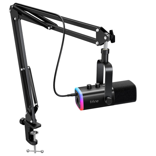 FIFINE XLR/USB Gaming Microphone Set, Dynamic PC Mic for Streaming Podcasting, Computer RGB Mic Kit with Boom Arm Stand,
