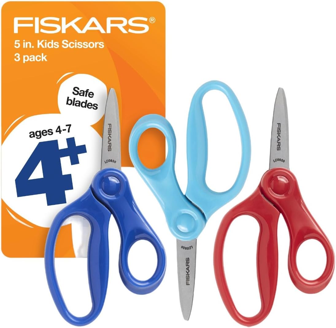 Fiskars 5" Pointed-Tip Kids Scissors, Age 4-7, Red, Blue, Turquoise, 3-Pack