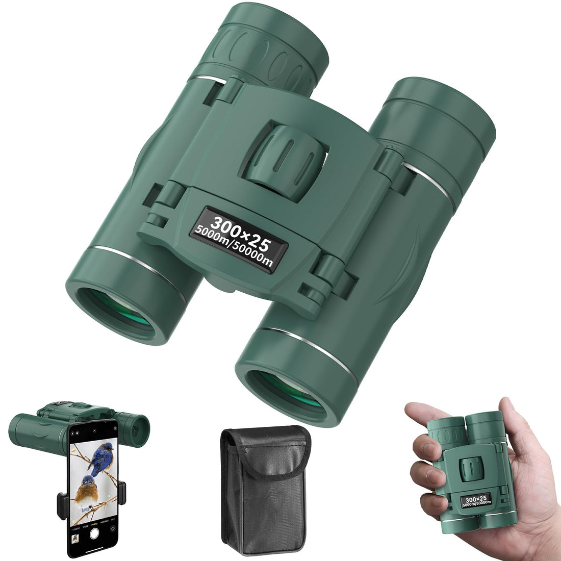 300x25 Binoculars for Adults and Kids, High Powered Mini Pocket Binoculars with Phone Adapter, Waterproof Compact Binoculars