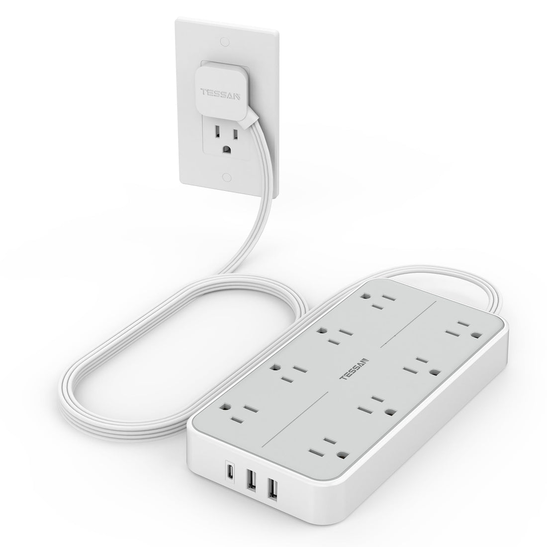 Power Strip Surge Protector, TESSAN Flat Plug Extension Cord with 8 Outlets 3 USB Charger(1 USB C), 1080 Joules Protection,