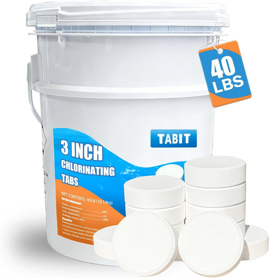Chlorine Tablets 3 inch 40 Pounds, TABIT Swimming Pool Long Lasting Chlorinating Tablets, Slow Dissolving, Tri-Chlor for Swim Pool, Hot Tubs, Spa