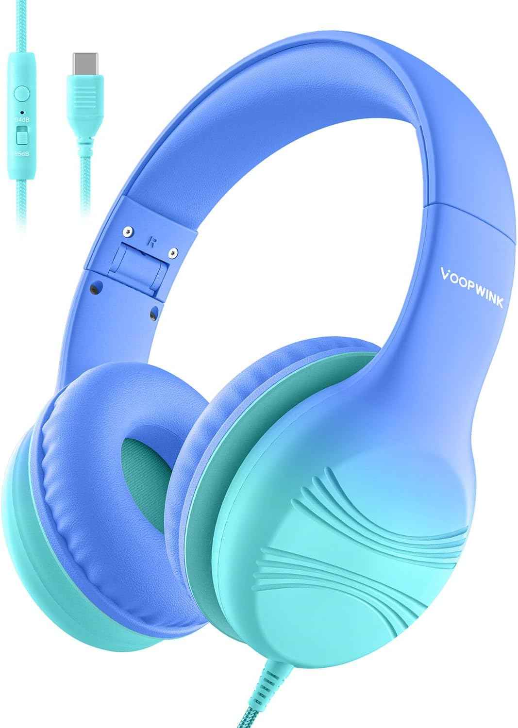 Voopwink USB Type C Kids Headphones, Wired Headphones for Kids with Microphone 85/94dB Volume Limit, Stereo Sound Portable Over Ear Headphones for School/Travel/Tablet/iPad, Gradient Blue