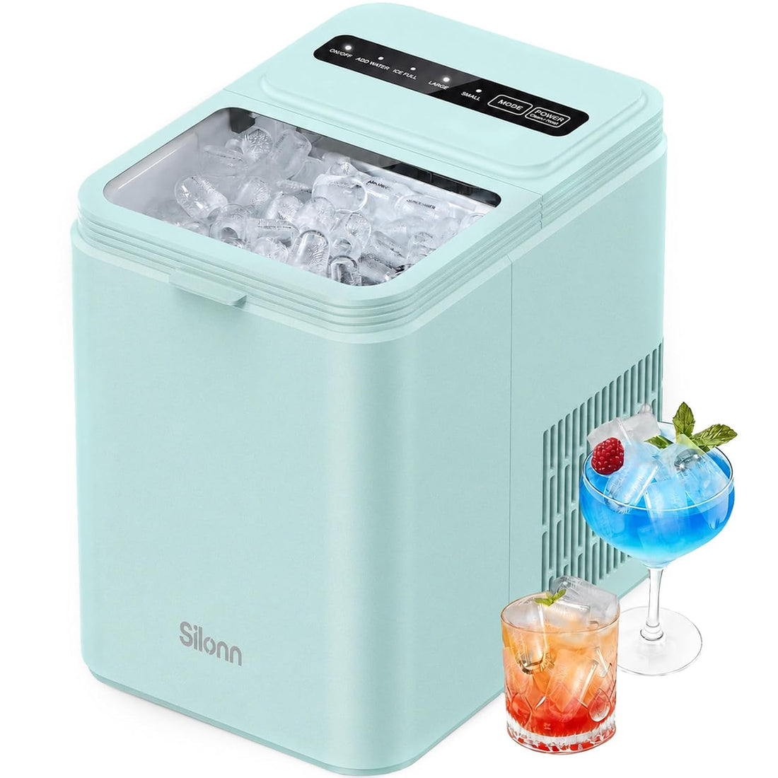 Silonn Ice Maker Countertop, 8 Ice Cubes in 6 Mins, 26.5 lbs/24H, 2 Bullet Ice Sizes, Self-Cleaning Bullet Ice Maker, Portable Ice Machine for Kitchen, Party, Office, and RV Camping