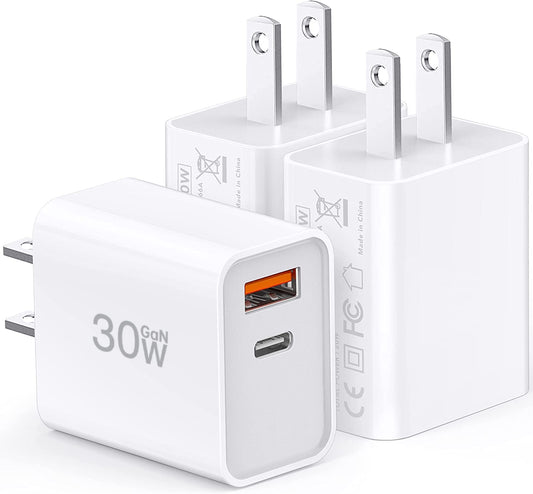 USB C Super Fast Charger, 3-Pack 30W Dual Port PD+QC Fast Charger Adapter Block for iPhone 16/15/14/13/Pro/Pro