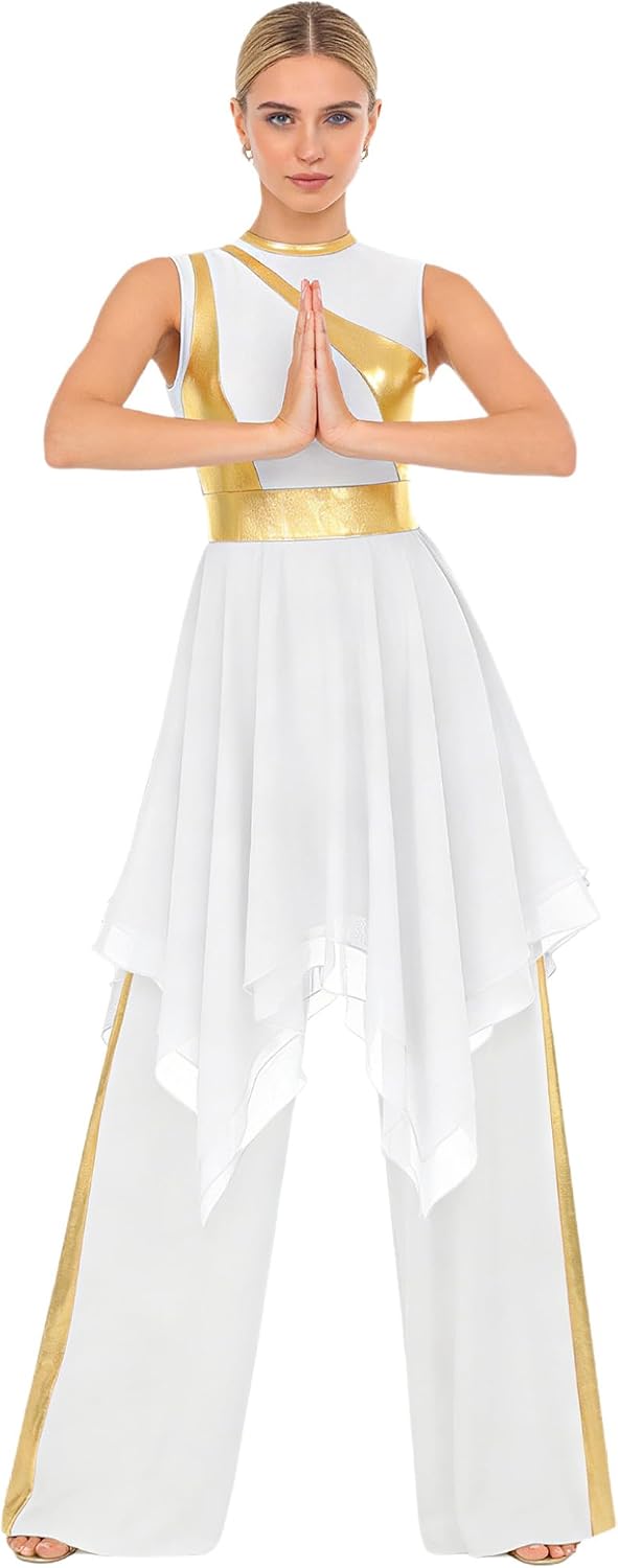 Women Praise Dance Outfit Metallic Block Asymmetric Overlay Dress + Pants Worship Liturgical Lyrical Costume