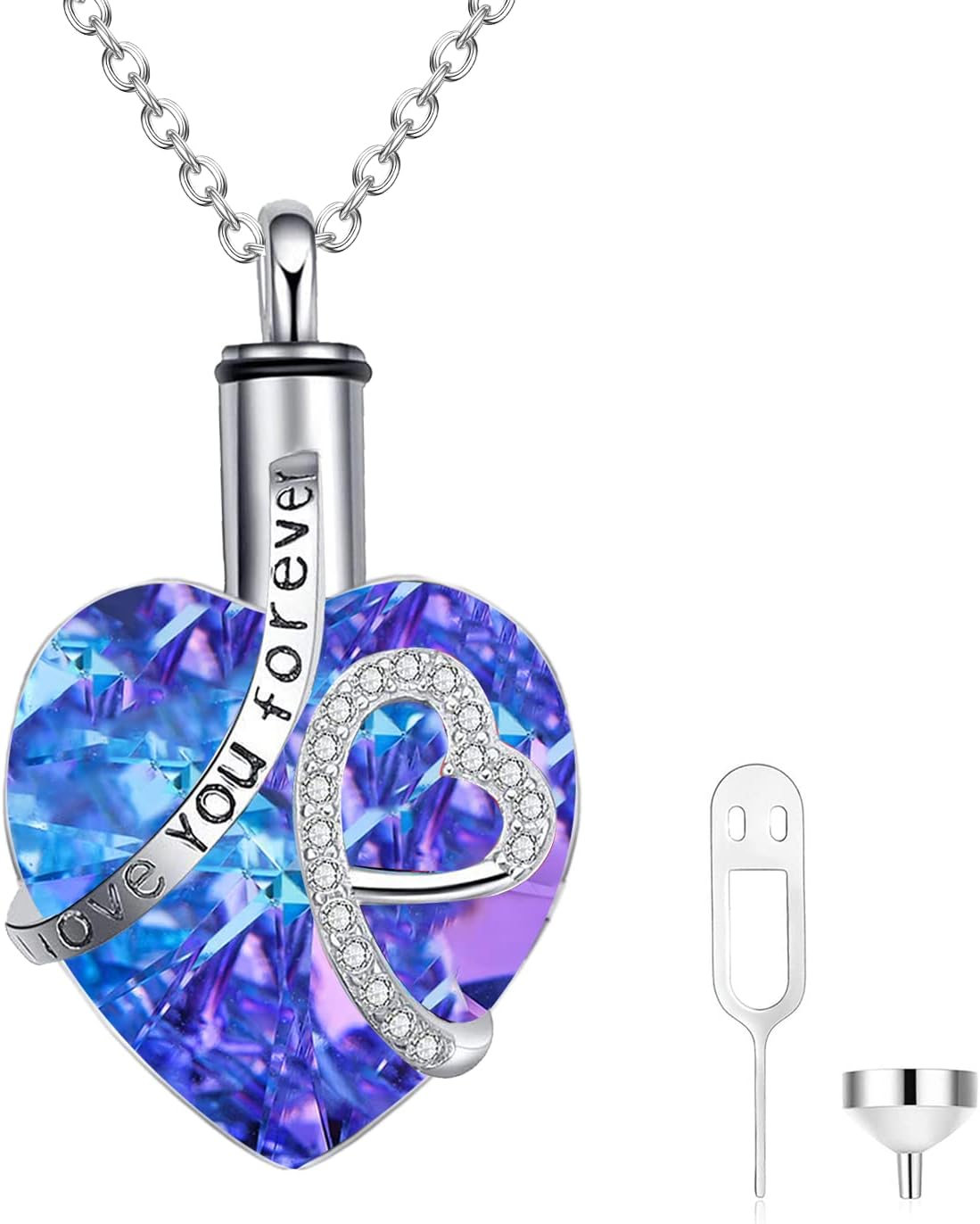 AOBOCO Heart URN Necklace S925 Sterling Silver Cremation Necklaces for Ashes Embellished with Crystals from Austria, Fine Keepsake Memorial Jewelry (Package including a Necklace/Pin/Funnel)