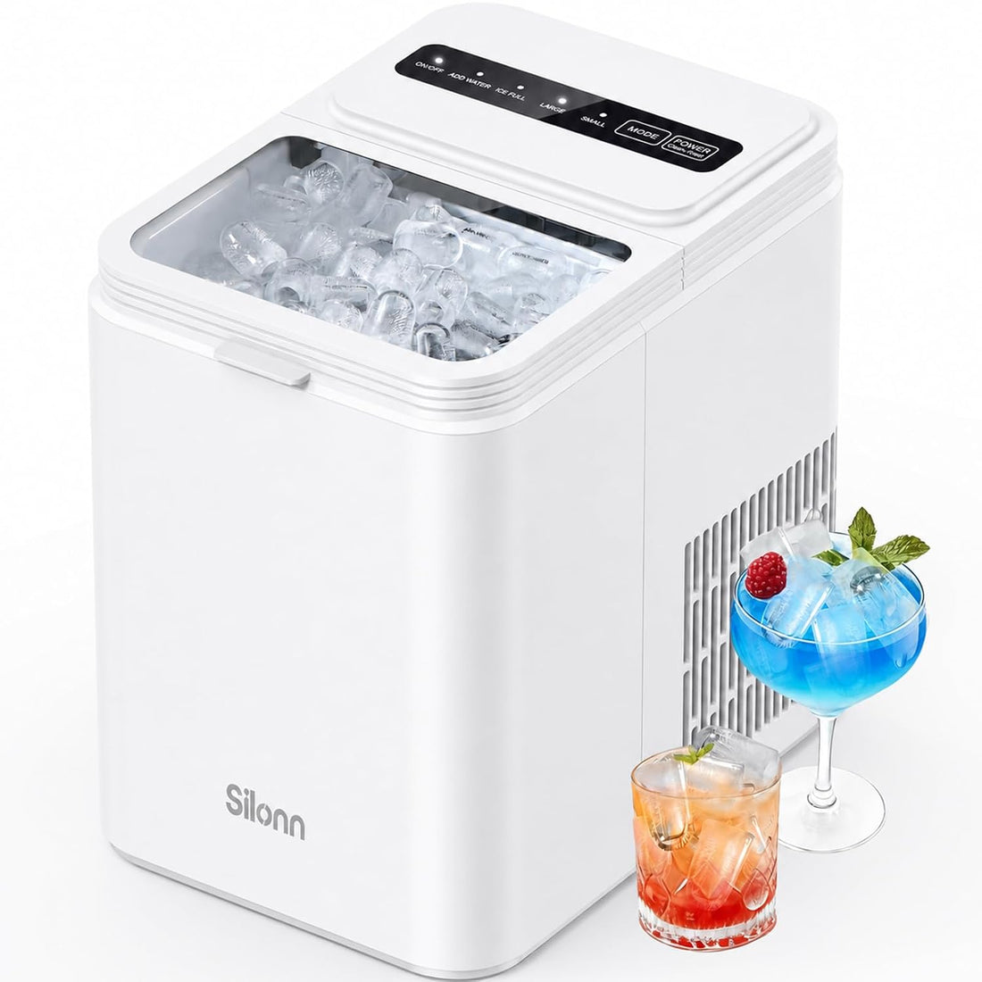 Silonn Ice Maker Countertop, 8 Ice Cubes in 6 Mins, 26.5 lbs/24H, 2 Bullet Ice Sizes, Self-Cleaning Bullet Ice Maker, Portable Ice Machine for Kitchen, Party, Office, and RV Camping