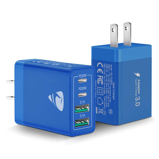 [2-Pack] USB C Wall Charger, 40W Fast USB C Charger Block, 4-Port PD + QC Wall Plug Multiport Type C Charging Block for