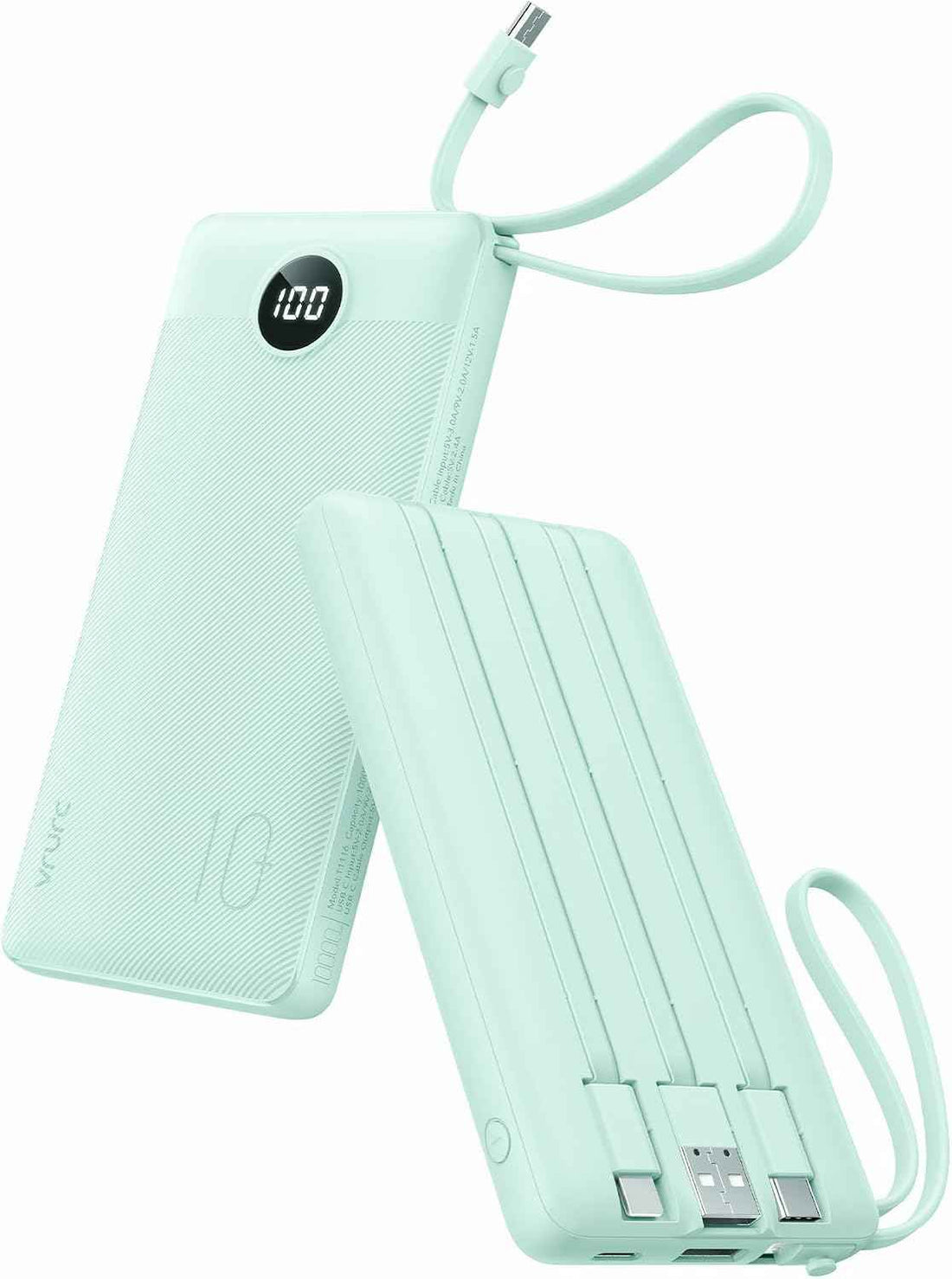 VRURC Portable Charger, Slim Power Bank Built-in 4 Cables, Travel Essential
