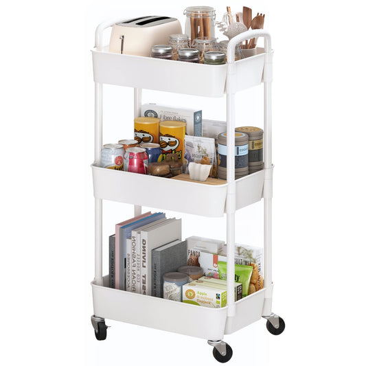 Sywhitta 3-Tier Plastic Rolling Utility Cart with Handle, Multi-Functional Storage Trolley for Office, Living Room, Kitchen,