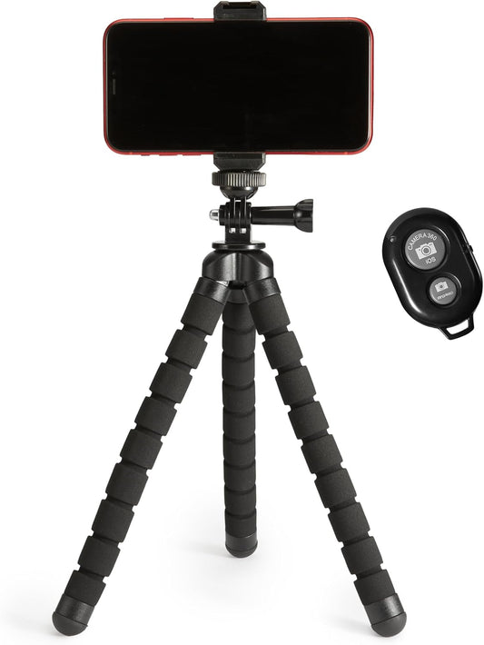 Amazon Basics Portable and Flexible Tripod with Wireless Remote and Smartphone Clamp, 10-inch, Black