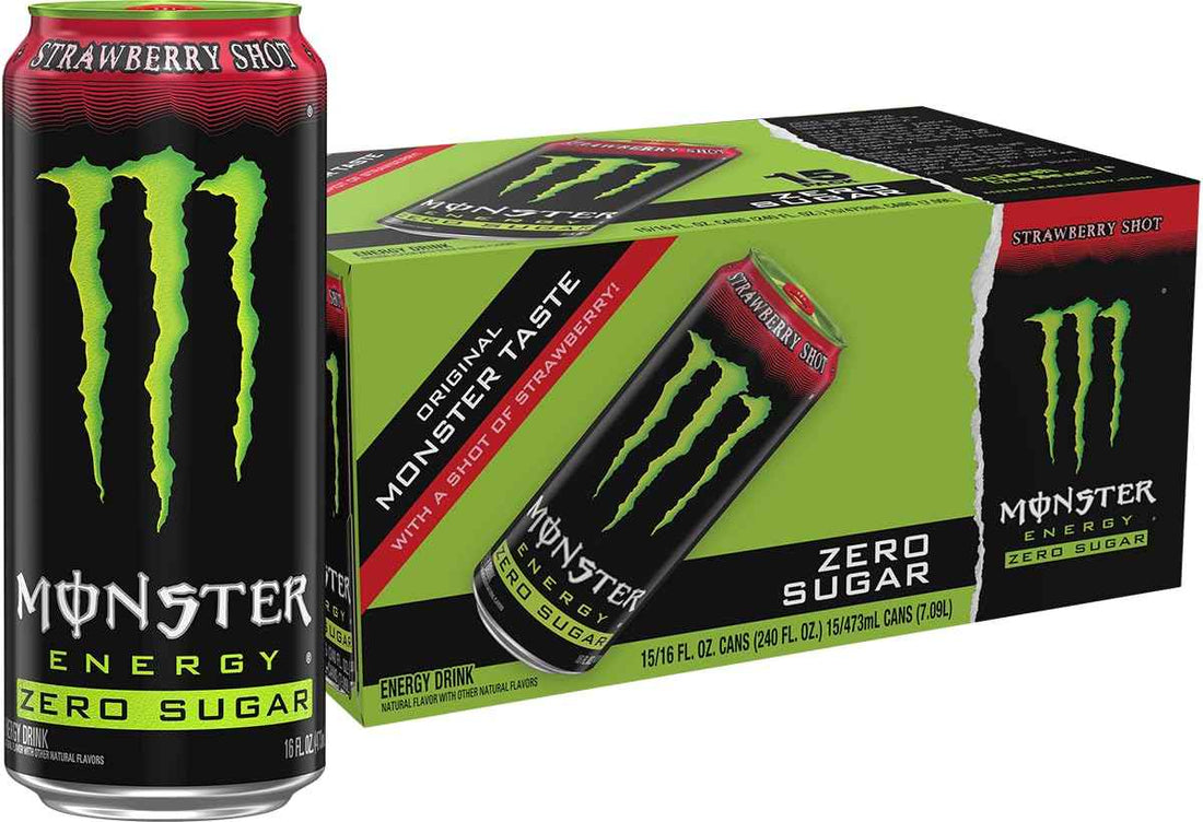 Monster Energy Zero Sugar Strawberry Shot, Green, Original, Free Energy Drink, 16 Ounce Can (Pack of 15)