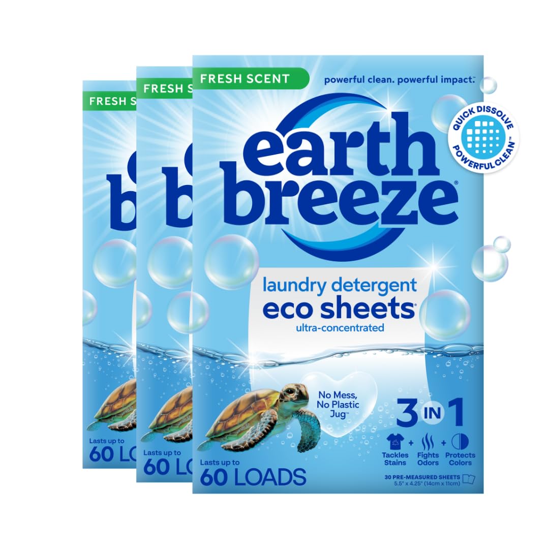 Earth Breeze Laundry Detergent Sheets - 90 Detergent Sheets - (3 Pack) 30 Sheets Per Pack - 180 Loads - Concentrated