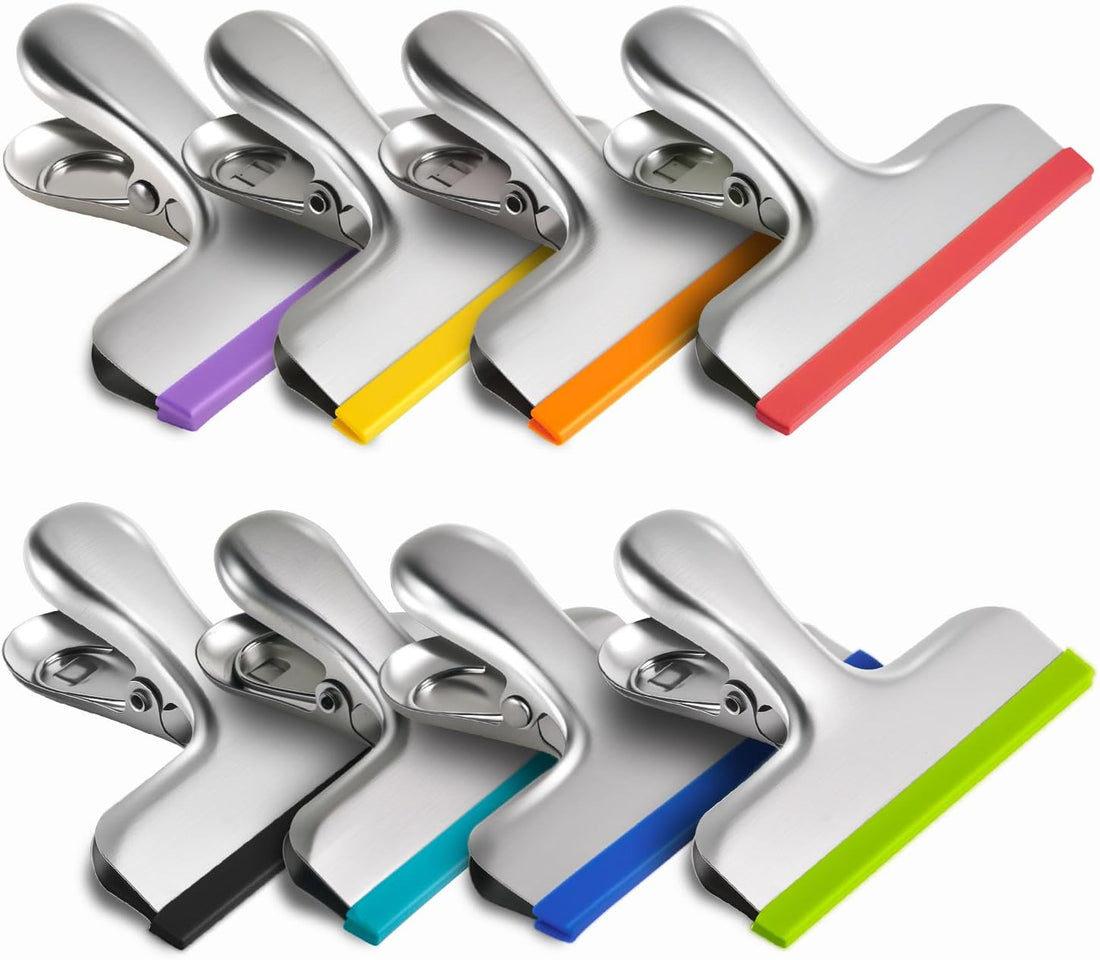 HOUSE AGAIN 8 Pack Stainless Steel Chip Bag Clips Covered with Silicone - NO More Sharp Edges - Color Coded for Food Bags - Air Tight Seal, Heavy Duty for Kitchen and Office, 3 Inches, Colorful