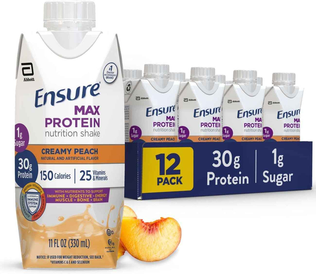 Ensure Max Protein Creamy Peach Shake, 30g High Protein, 12 Pack | 30g Protein to Support Muscle Health & Manage Hunger for Adults, Each Protein Shake has 1g Sugar, 150 Calories, 4g Fiber