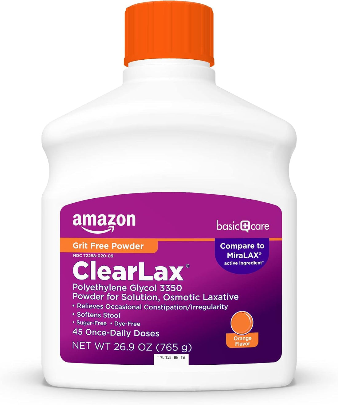 Amazon Basic Care ClearLax, Laxative Powder for Gentle Constipation Relief, Softens Stool, Polyethylene Glycol 3350, Orange Flavor, 1.68 Pound (Pack of 6)