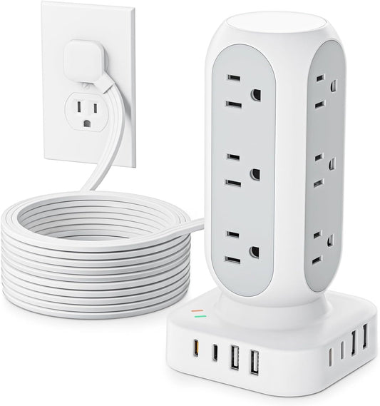 Flat Plug Power Strip Tower, TenTrend 40W Total Fast Charging Station, 10FT