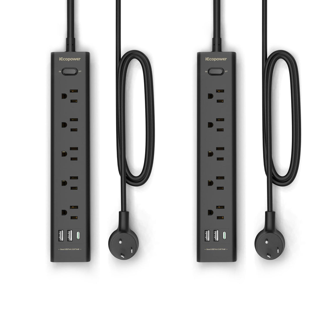 2 Pack Power Strip Surge Protector-5 Widely Spaced Outlets 3 USB Ports(1 USB C Port),1250W/10A with 5Ft Extension Cord,
