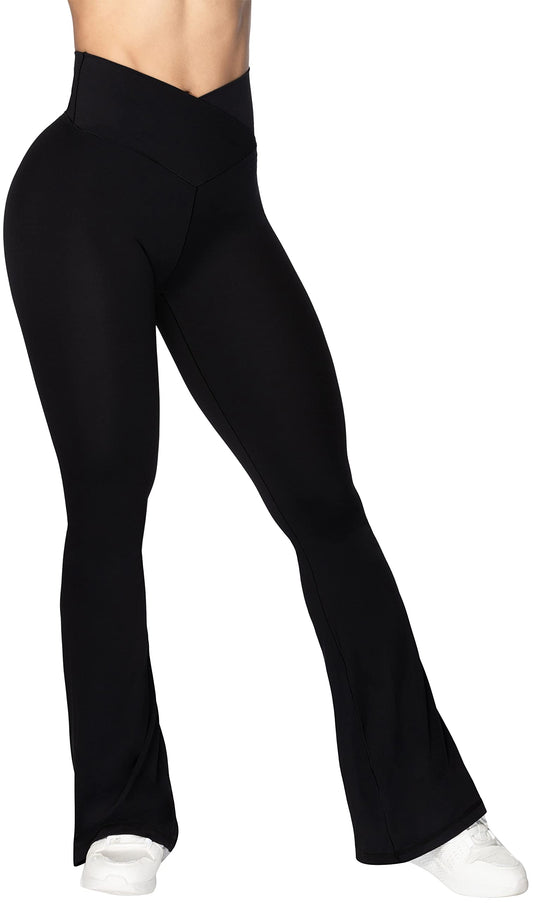 Sunzel Flare Leggings, Crossover Yoga Pants for Women with Tummy Control, High-Waisted and Wide Leg Black Apparel by Sunzel