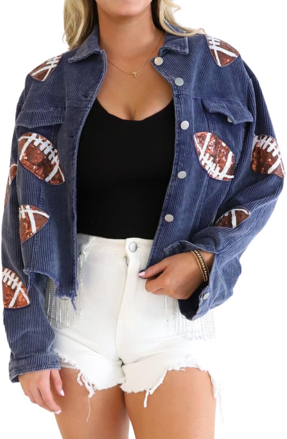 Football Sequin Embroidery Rugby Cropped Frayed Hem Vintage Washed Corduroy Jacket Coat Shacket for Women