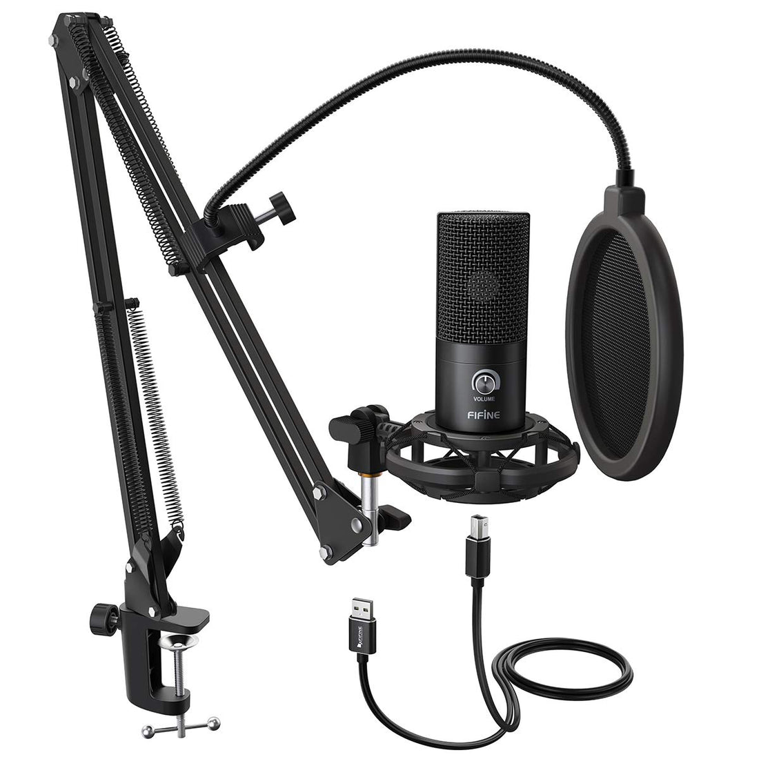 FIFINE Studio Condenser USB Microphone Computer PC Microphone Kit with Adjustable Boom Arm Stand Shock Mount for Instruments